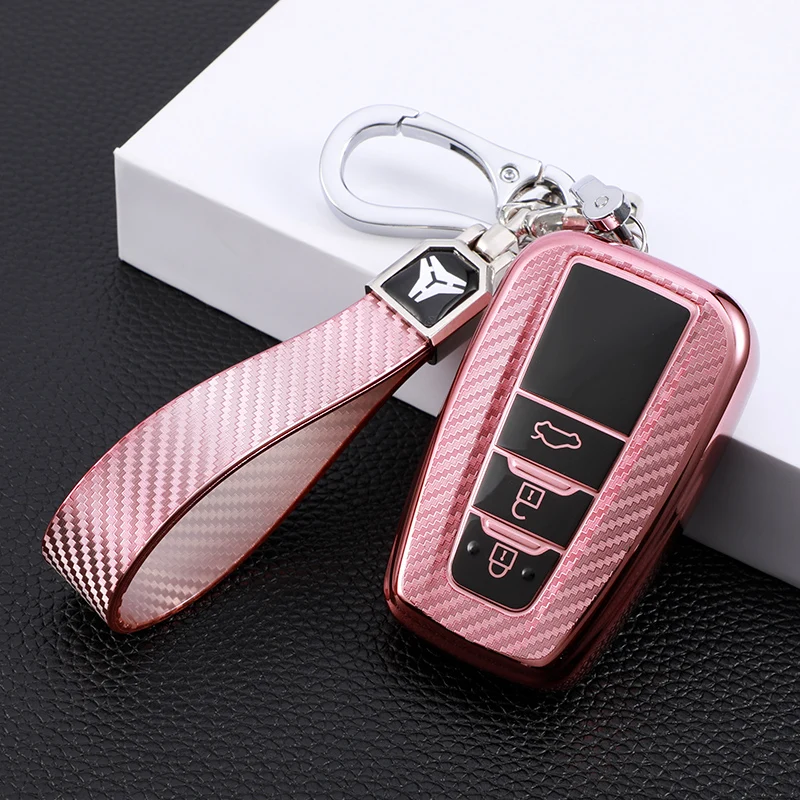 Carbon Fiber Car Key Case Full Cover Shell for Toyota Prius Camry Corolla CHR C-HR RAV4 Land Cruiser Prado Keychain Accessories