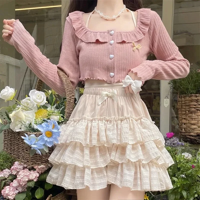 Y2k Kawaii Sweet Ruffles Square Collar Long Sleeve Cardigan Coat+ High Waist Ruched A-line Cake Shorts Skirts New Two Piece Sets