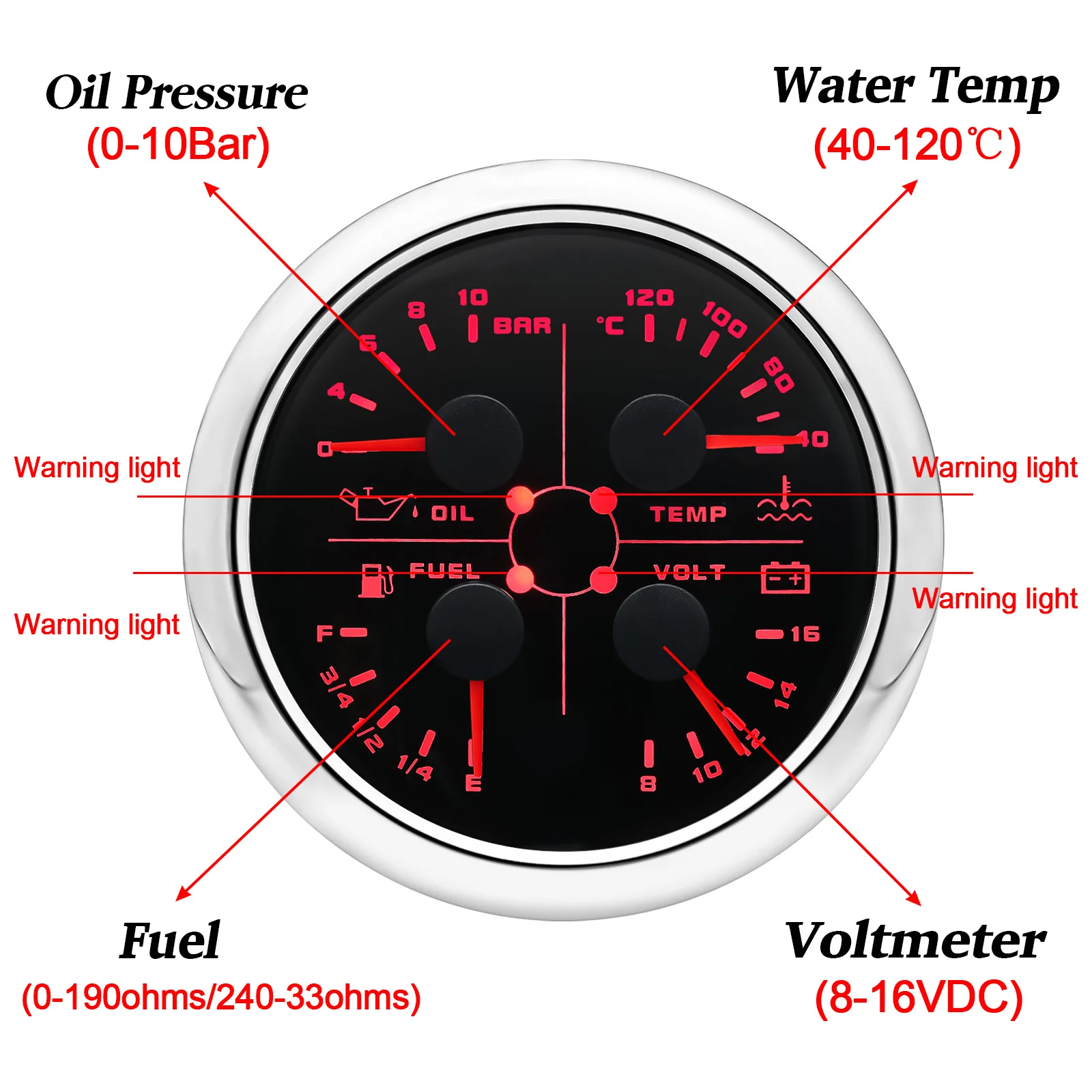 4 in 1 Multifunction 85mm Gauge with Alarm Oil Pressure Gauge Water Temp/Voltmeter/ Fuel Level Meter 0-190 ohm Auto Car Red LED