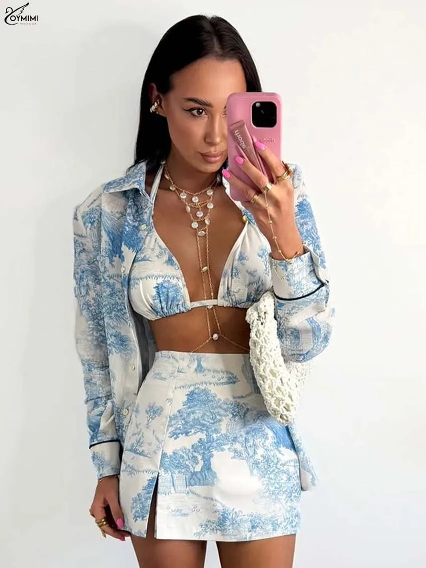 Oymimi Casual Blue Print 3 Pieces Set For Woman Fashion Long Sleeve Button Shirts And Spaghetti Strap Bra + Side Slit Skirts Set