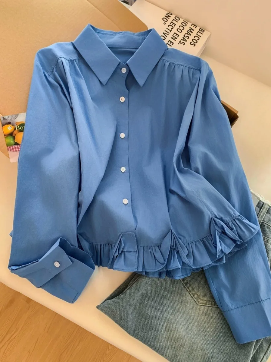 

Женская рубашка с кружевным подолом цвета Кляйн, ранневесенняя, маленького размера, в корейском стиле, свободного кроя, с длинным рукавом, на пуговицах, для офиса и повседневной носки