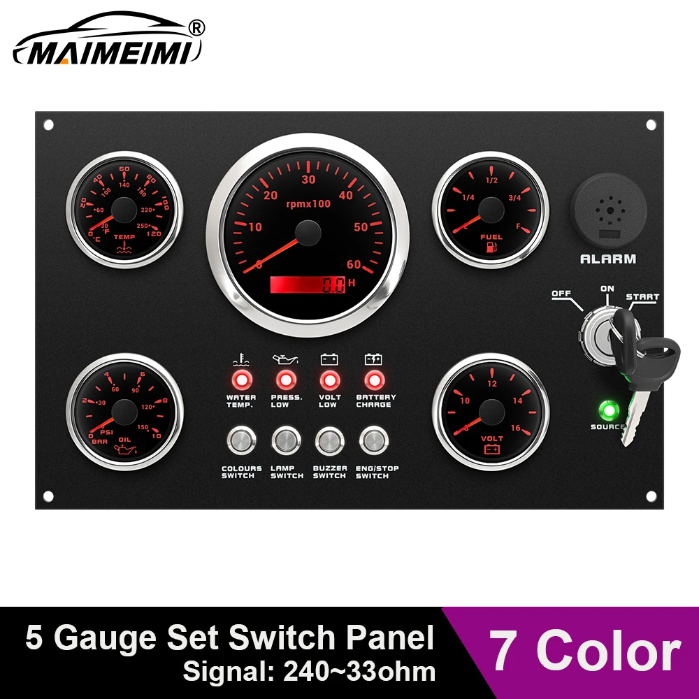

7 Colors Backlight 5 Gauge Set Switch Panel 0-6000RPM Tachometer 240-33ohm Fuel Level Oil Press Dashboard For Marine Boat Yacht