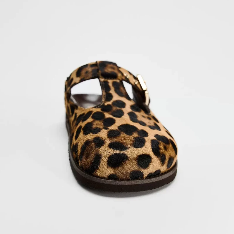 TRAF Leopard Print Closed Toe Flatform Slippers Women Round Head Thick Sole Slingback Shoes Animal Print Flat Slipper For Woman