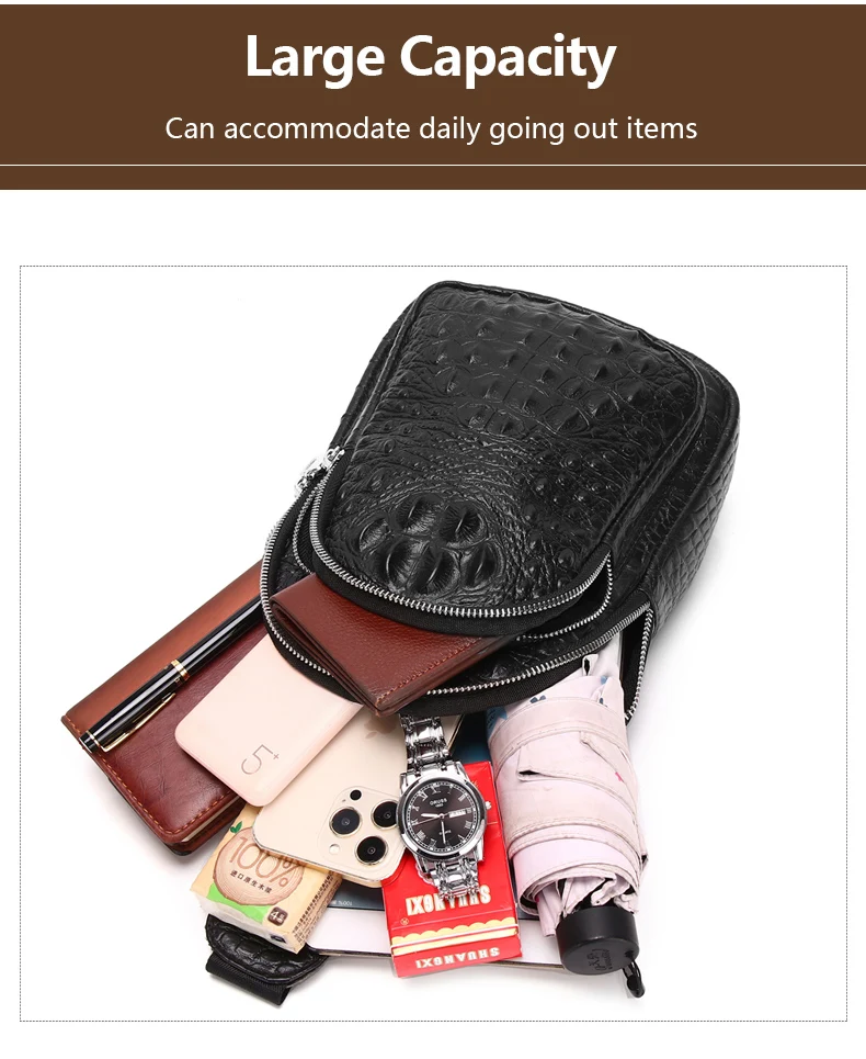 Schlatum 100% Rindsleder Männer Krokodil Narben Mode schwarz multifunktion ale Leder Brusttasche – Detail 4