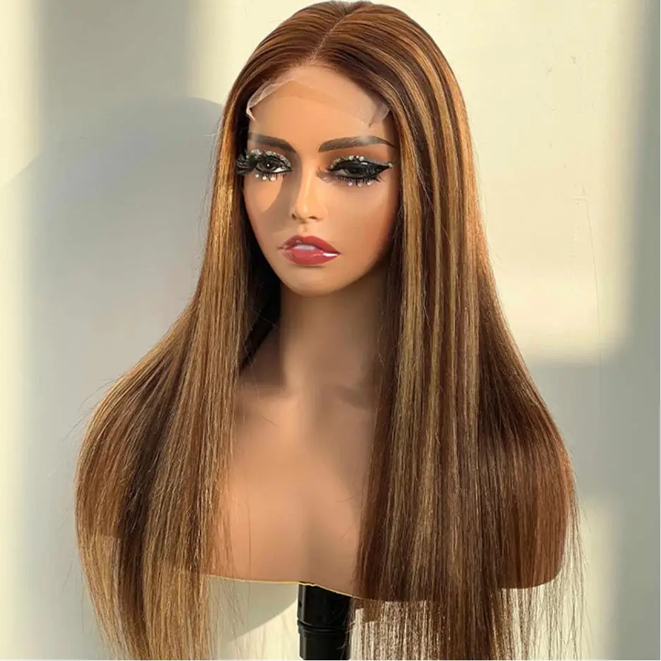 

Soft 26 Inch 180% Density Highlight Brown Blonde Glueless Long Silky Straight Preplucked Lace Front Wig For Black Women Daily