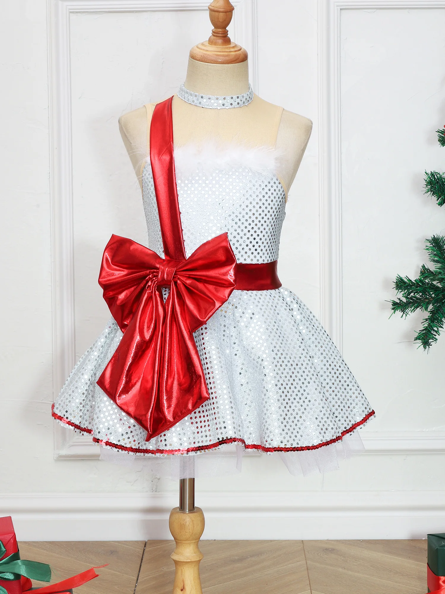 Girls Mesh Tutu Sequins Christmas Dress Ballet Dance Leotard Sleeveless Red Cosplay Santa Costume Kids Figure Skating Dress