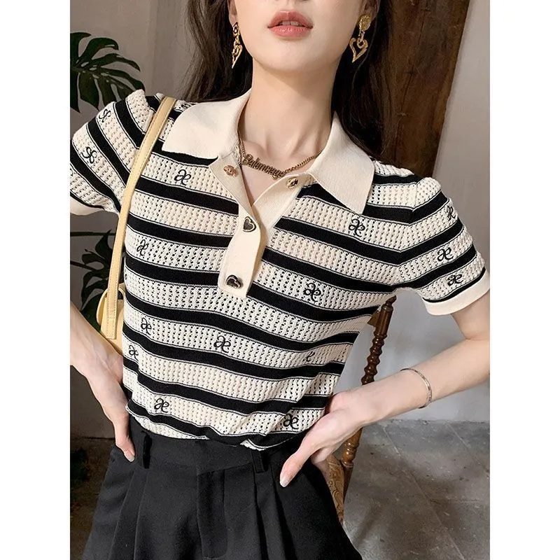 Casual Striped Polo Short Sleeve T-Shirt Summer High Quality Crop Top Women Loose Knit Women Clothes Hollow Out