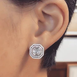 Huitan Geometric Cubic Zirconia Stud Earrings Silver Color Crystal Earrings for Women Daily Wear Party Luxury Fashion Jewelry