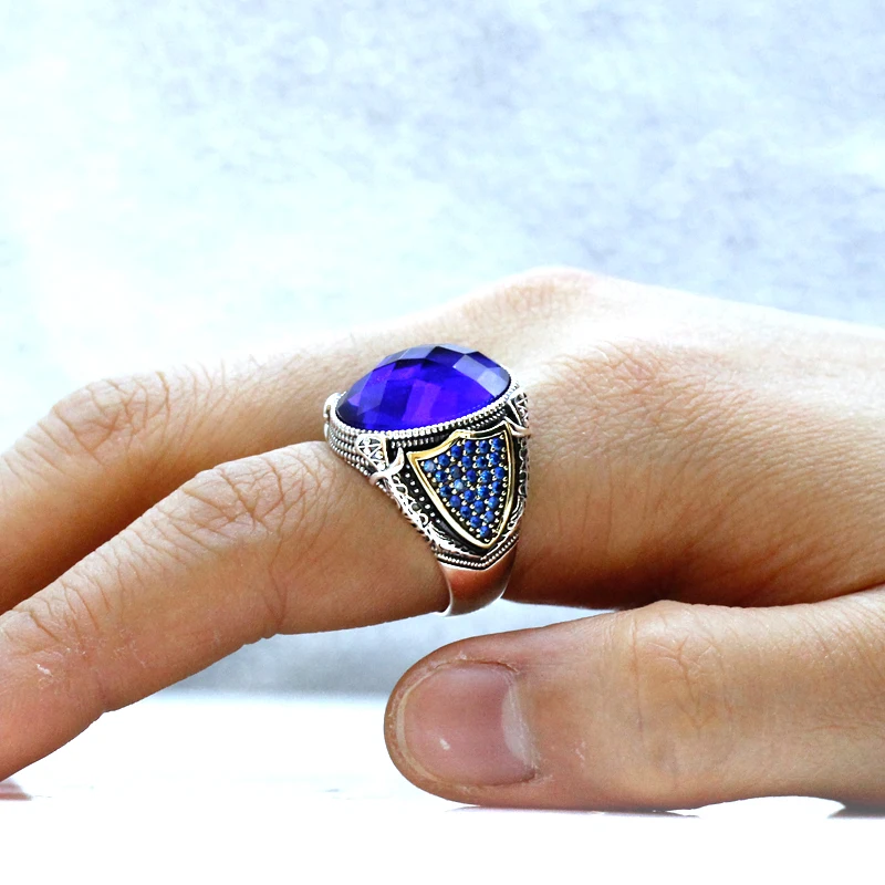 Punk Hip Hop s925 Sterling Silver Türkiye Men\'s Handmade Ring Fashion Blue Glass Stone Luxury Valentine\'s Day Party Jewelry Gift