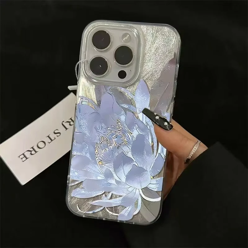 Pink Peony Lotus Print Phone Case for IPhone 16 15 14 13 12 11 Pro Max 15 Pro XS XR 7 8 Plus 16E Shockproof Silver Plated Cover - náhled 6