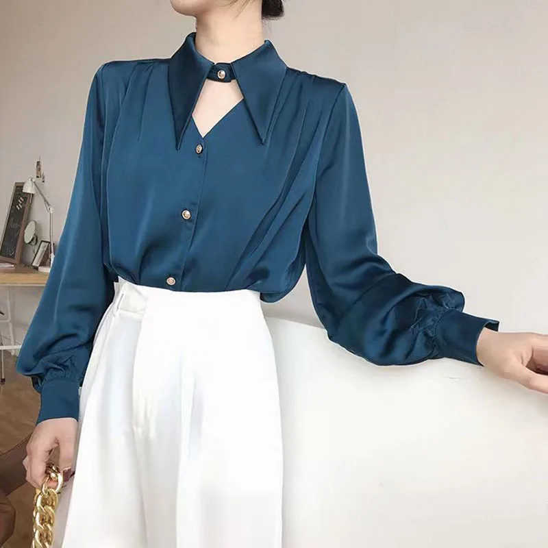 Biyaby Fashion Sharp Corner Lapel Women Shirts 2022 Autumn All-Match Long-Sleeved Blouse Ladies Elegant Hollow Out Button Shirt