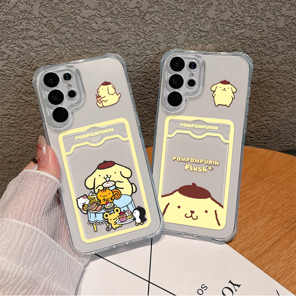 Cute Anime Pom Pom Purin Card Hold Phone Case For Samsung S24 S23 S22 S21 S20 FE Plus Ultra M33 M53 M54 5G Anti-fall Clear Cover