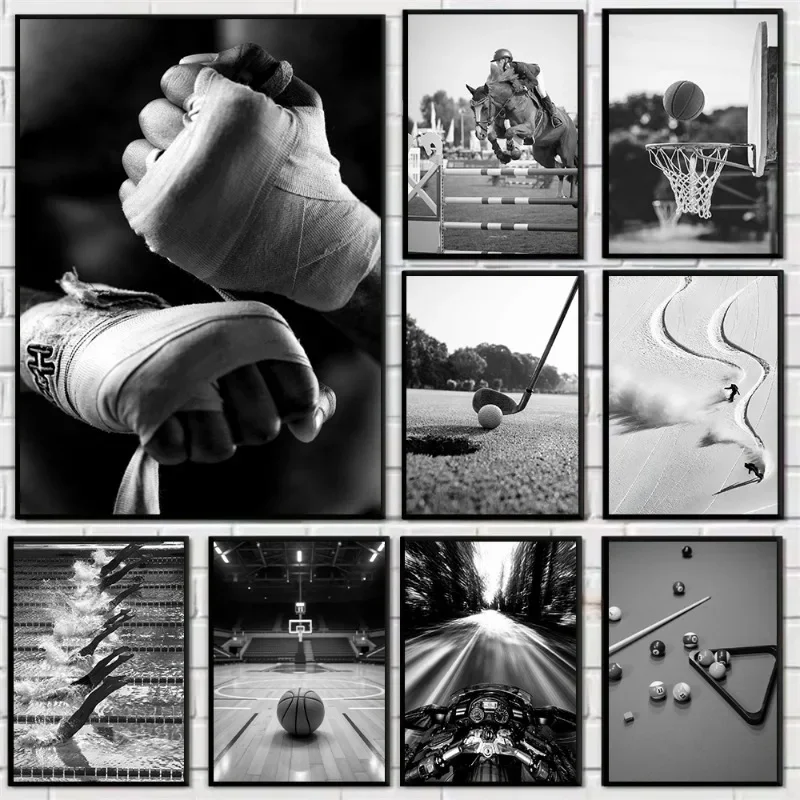Black and White Sports Fitness Poster Playing Basketball Boxing Golf BMX Billiard Canvas Painting Wall Art Gym Room Home Decor