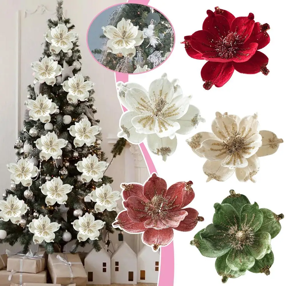 Glittery Artificial Christmas Flower Ornament Festive Tree Decoration for New Year Home Party Floral Decor Quality Assuranc B5P5