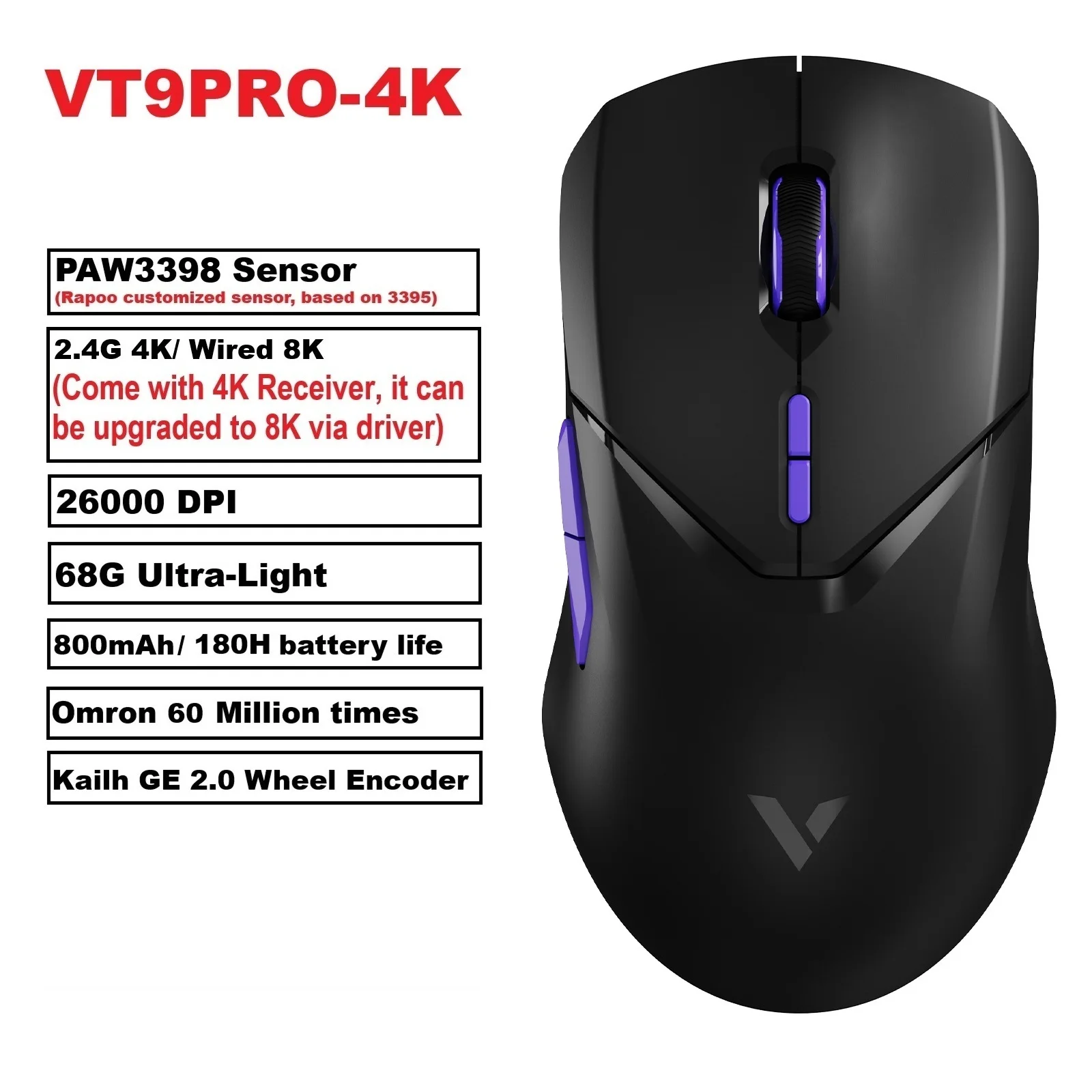 ワイヤレスゲーミングマウス,超軽量,Rapoo-VT9PRO dpi,8ボタン,e 