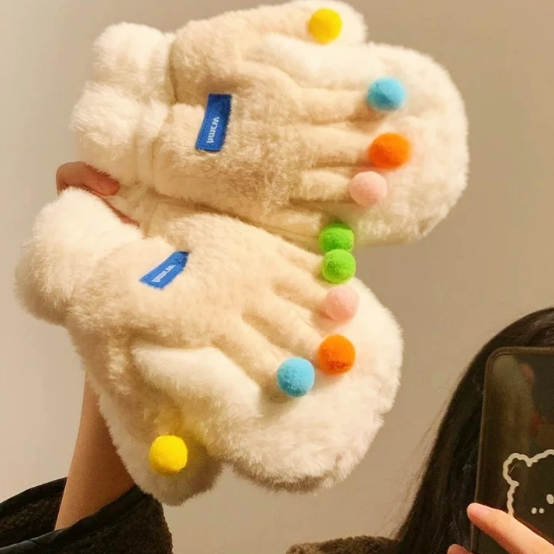 Hot Cute Plush Finger Gloves For Women Warm In Winter Thick Plush Hairy Hanging Neck Cold Resistant In Autumn And Winter Student