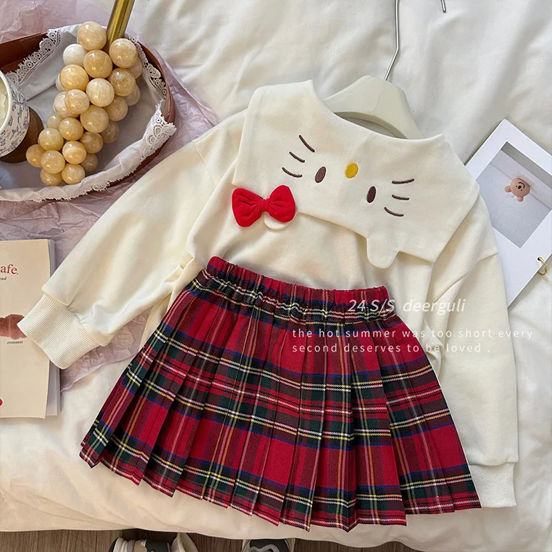 Cute Girls Clothing Set Cartoon Hello Kittys Bow Sweater Pleated Skirt 2Pcs for Children Girls Jk Uniform Plaid Skirt Kids Gift