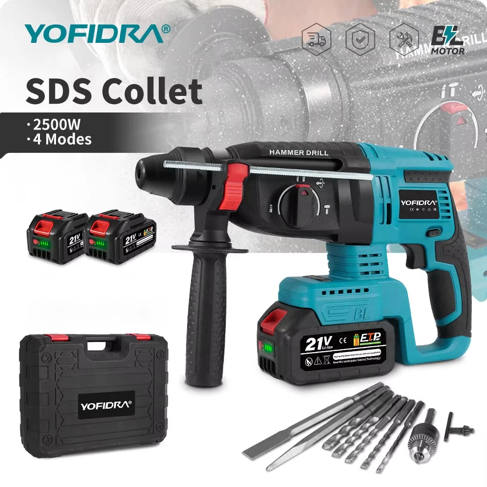 YOFIDRA 26MM Bürstenloser Elektrohammer Bohrhammer Akku-Rotations-Schlagbohrer Multifunktionales Hammerwerkzeug für Makita 21V Akku