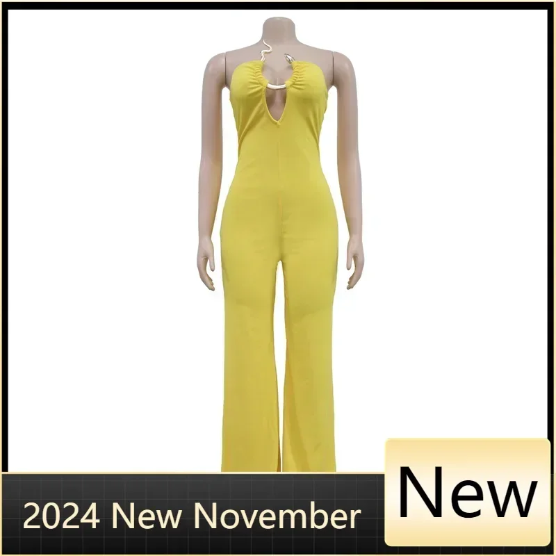 

Customized Customized Solid Hollow Out Patchwork Strapless Wide Legs Jumpsuits Snake Metal One Piece Outfits Rompers Night Club