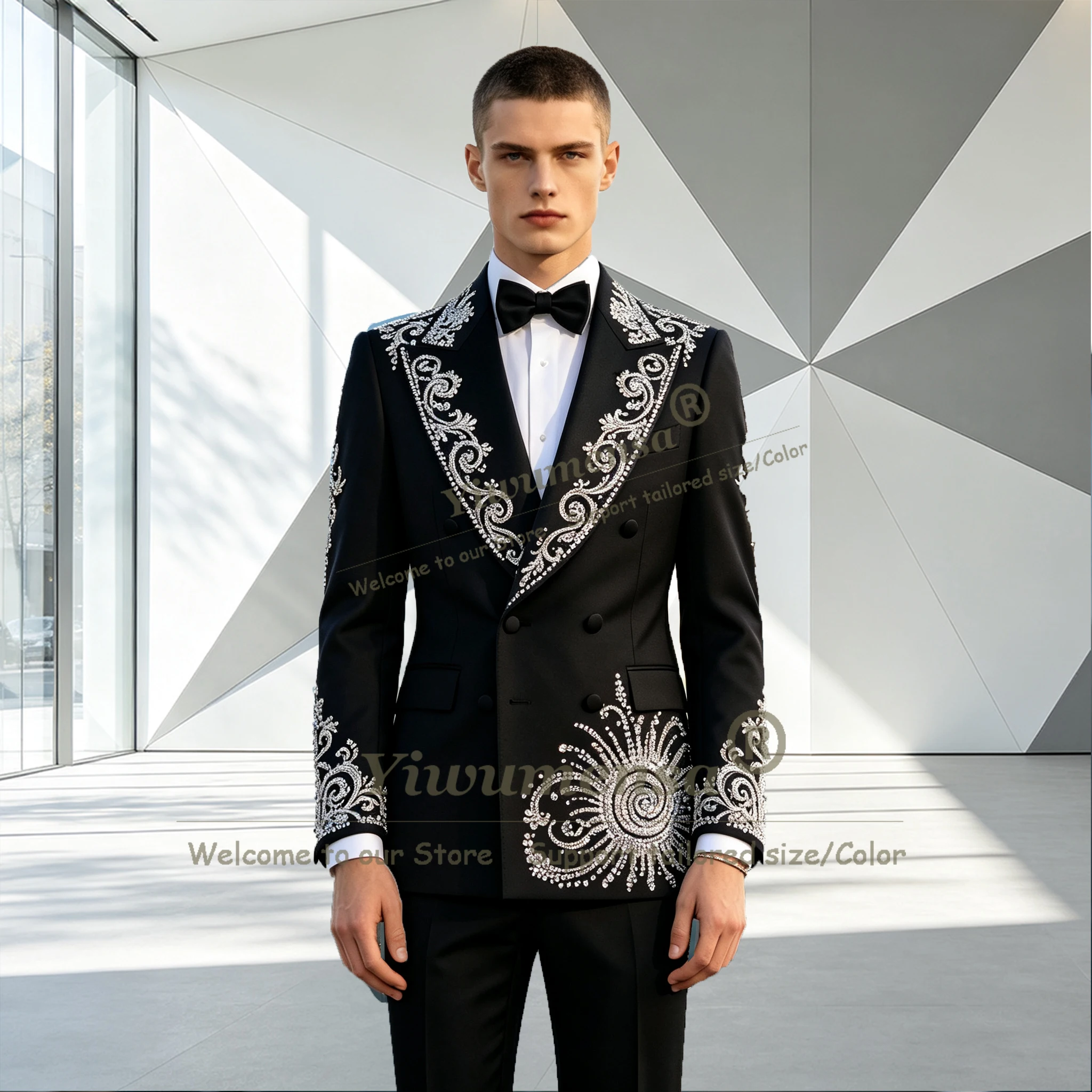 Crystals Beading Handmade Suits Men Slim Fit 2 Piece Sets Trajes De Novio Para Boda Customized Man Formal Wear Party Tuxedo Suit