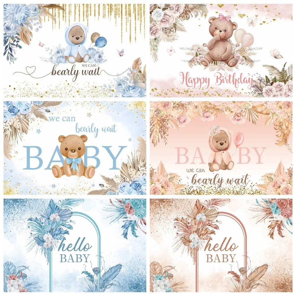 

First Birthday Baby Shower Photography Backdrop Cartoon Bear Elephant Boho Style Flowers Balloon Party Decor Photo Background