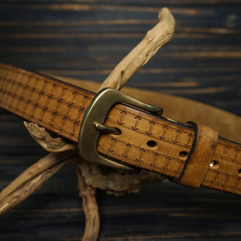 

Thickened Carved Handmade Vintage Men's Genuine Leather Belt, Man Versatile Casual Brass Buckle Pure Cowhide Trendy Design Belts
