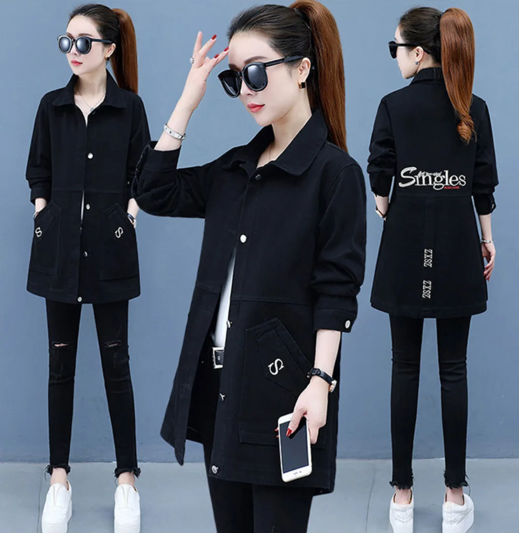 

Джинсовая куртка женская, весна-осень 2024, новая мода, тонкие универсальные джинсовые пальто, женская повседневная длинная верхняя одежда большого размера с вышивкой