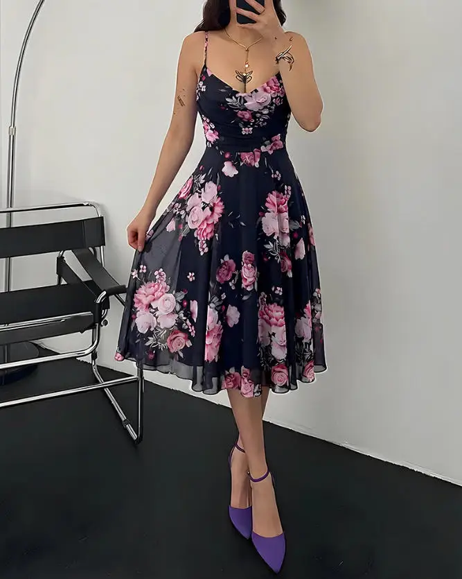 

Women's Floral Print Cami Dress Cowl Neck Adjustable Straps High Waist A-Line Dress with Back Zipper