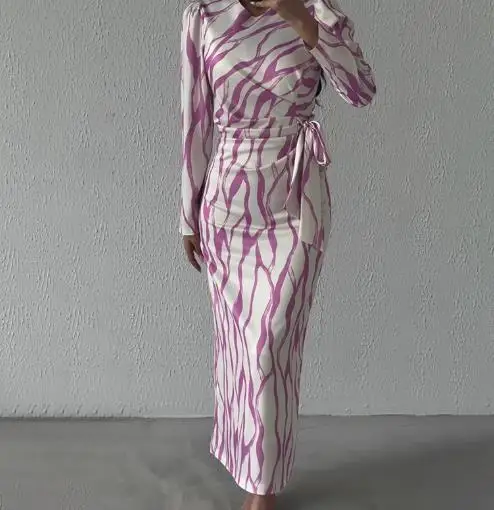 

Women's Fashion Dress 2025 Autumn Round Neck Graffiti Long Sleeve Maxi Dress, Striped Printed Pattern Lace Up Elegant Long Dress