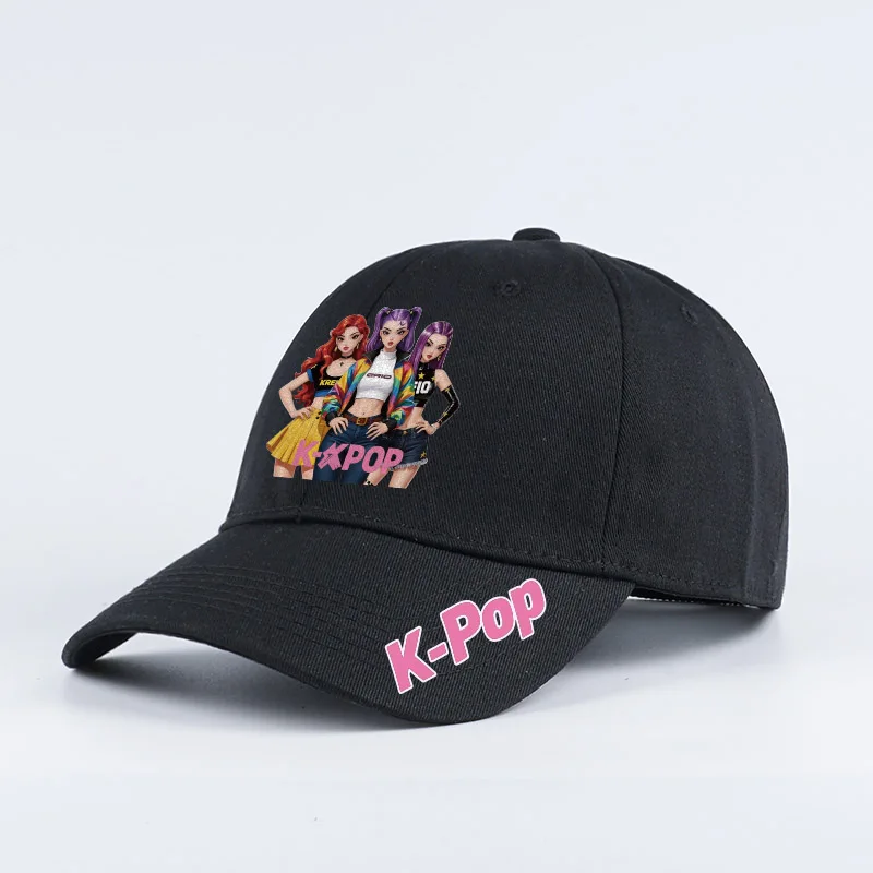 K-Pop Anime Girl Print Black Baseball Cap Adjustable Unisex Korean Music Fan Casual Hat