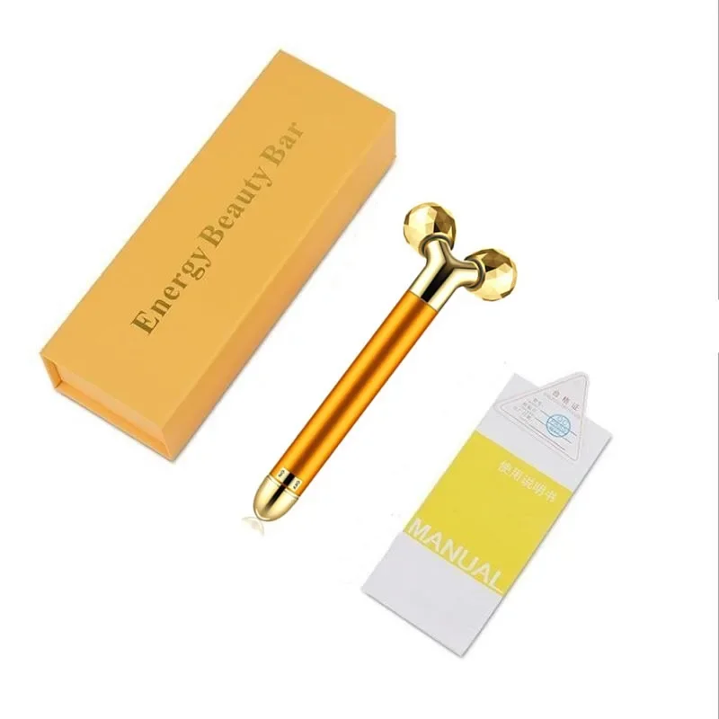 Dispositivo per la bellezza del viso con rullo 3D, colore oro con rullo 24K, massaggio vibrante, crea V-face, batteria AA ML-067-DC
