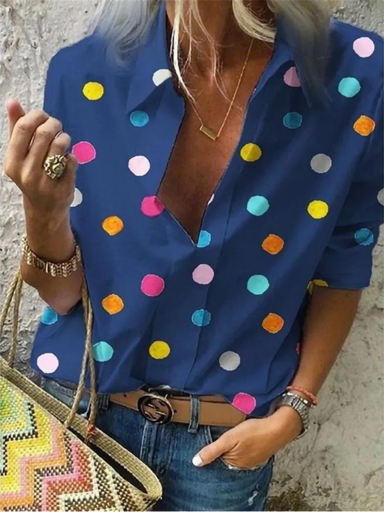 2023 New Polka Dot Blouse Women Turn Down Collar Long Sleeve Shirts Plus Size Clothes Streetwear White Blouse Women