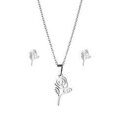316L Fashion Rose Flower Necklace Pendant Stainless Steel Chain Jewelry Set Flower Earrings Necklace Women's Jewelry Gift