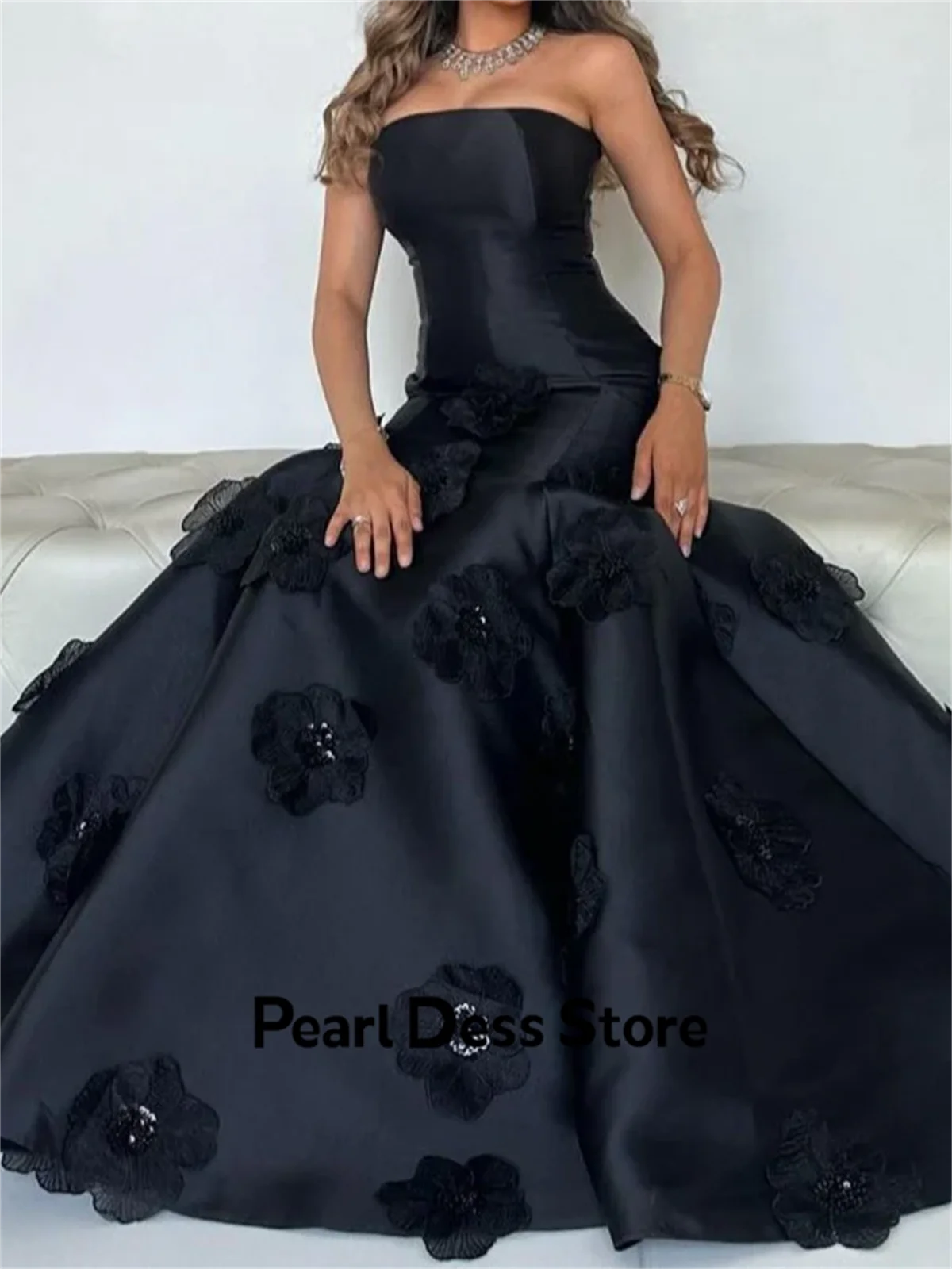 Línea de perlas, vestidos de noche para mujer, elegante vestido de noche de lujo 2024, satén sin tirantes, negro, flores 3D, vestido de fiesta de