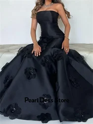 Línea de perlas, vestidos de noche para mujer, elegante vestido de noche de lujo 2024, satén sin tirantes, negro, flores 3D, vestido de fiesta de boda Es