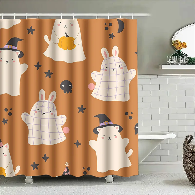 

1 шт., милая занавеска для детского душа на Хэллоуин, мультяшный кролик, ведьма, призрак, узор тыквы для детской комнаты, декор для ванной комнаты