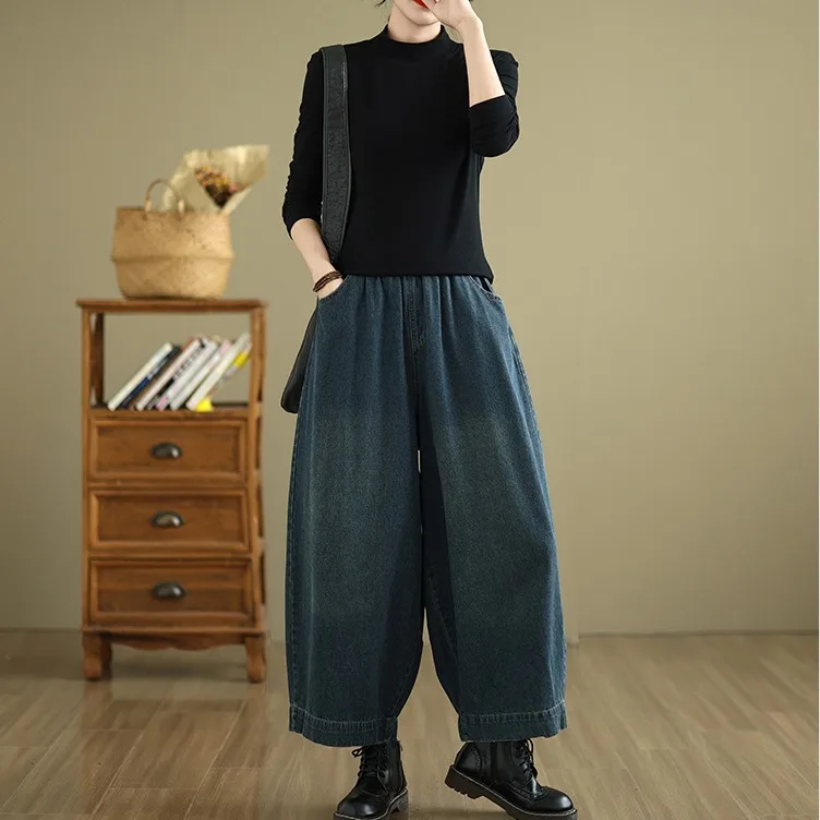 بنطلون جينز واسع الساق كاجوال مغسول، مقاس كبير، يخفي الجسم وينحفه، بنطلون هارلان للخريف والشتاء والربيع #3