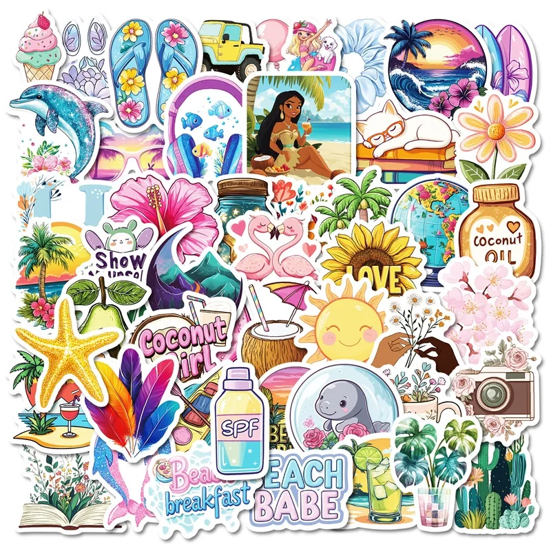 

10/30/50PCS Cartoon Beach PVC Sticky Sticker Aesthetic Stationery DIY Korean Decoration Scrapbooking School Supplies for Kids