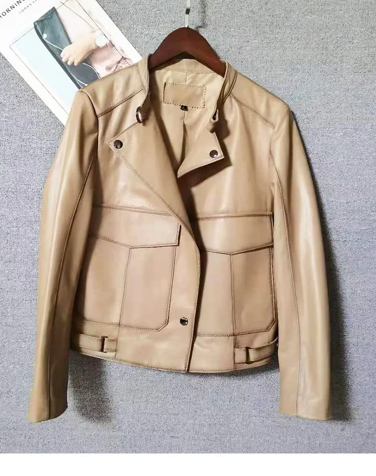 Jaket Kulit Asli Musim Semi Musim Gugur Tajiyane Jaket Kulit Vintage Pendek untuk Wanita 2023 Jaket Biker Kulit Domba Asli Pakaian Luar