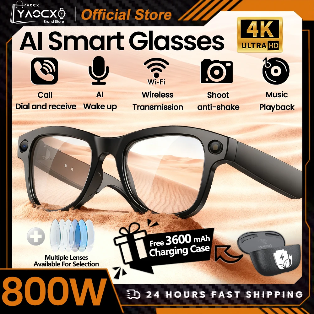

2026 AI Smart Glasses 4K HD Video 800MP Camera WiFi Transfer 32GB Chat GPT Voice Assistant BT Call with 3600mAh Charging Case