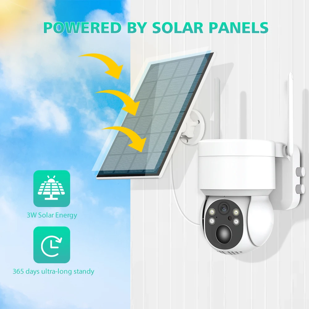 Outdoor Solar Panel Wifi IP Camera 2MP PTZ With Rechargeable Battery PIR Motion Detection Audio 100% Wireless Security Camera