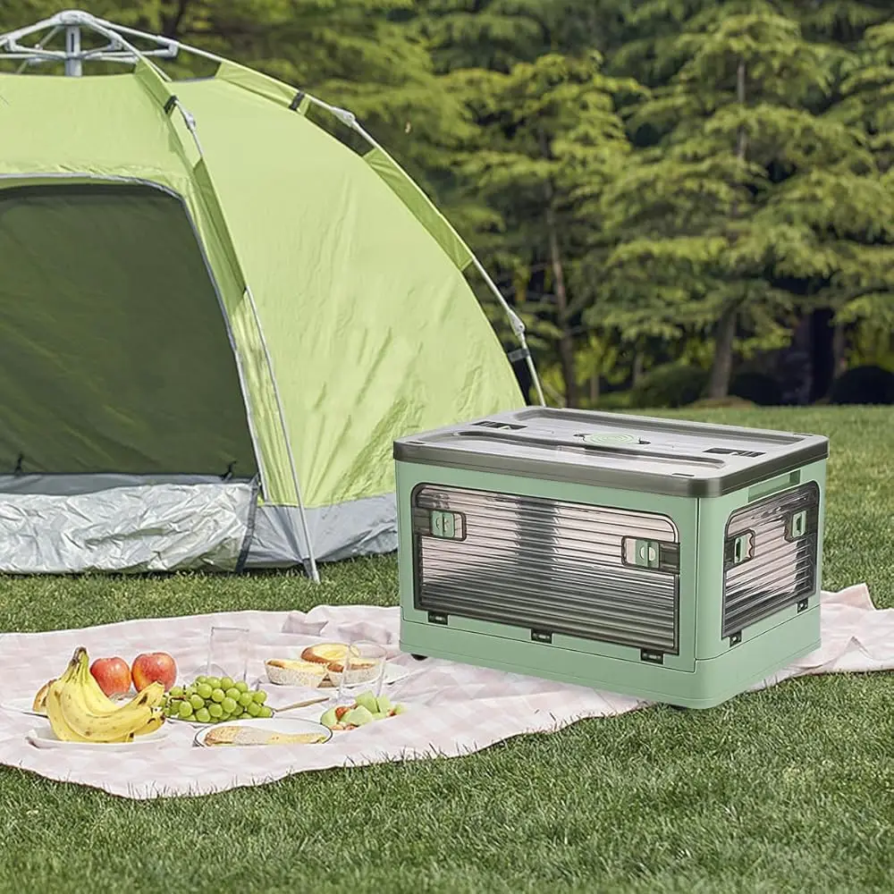 2 Pa Plastic 4 Doors Collapsible Storage Bins With Lid & Wheels, 36 Liters Folding Storage Bins, Stackable Multifunctional Box