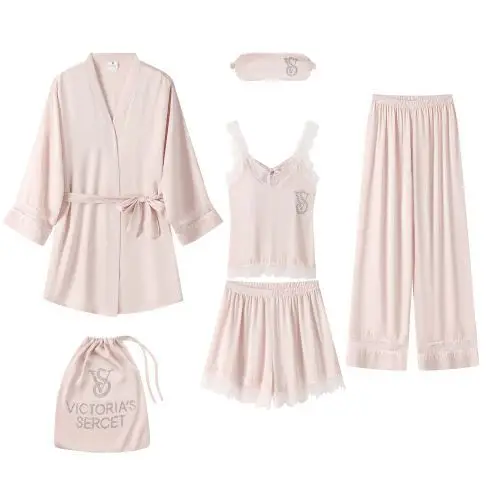 

New Sexy Womens Nightwear Underwear Ice Silk Pajamas Set Robe Lace Trim V 4 Piece Homewear Ladies Sleepwear Chemise