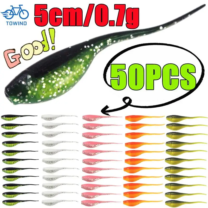 New 50-5PCS 0.7g 5cm Worm Fishing Lure Silicone Soft Lures Two- Color Needle Tail Swimbaits Artificial Bait Tadpole Shape Tackle