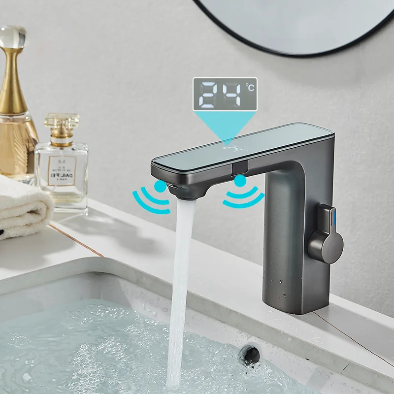 

Silver Gray Smart LCD Daul Sensor Bathroom Basin Faucet Zinc Alloy Deck Mount Cold Hot Water Mixer Sink Tub Tap