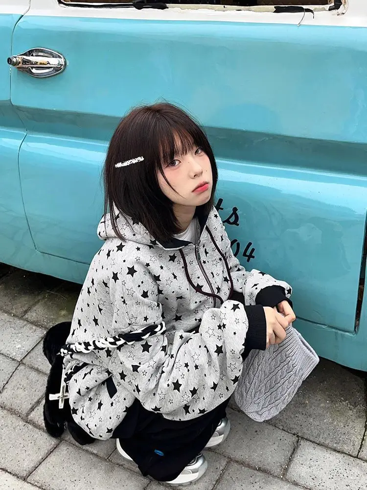 

Ezgaga Jackets Women Autumn Winter Loose Star Printed Zipper Hoodies Drawstring Y2k Harajuku Fashion Sweatshirt Female Casual
