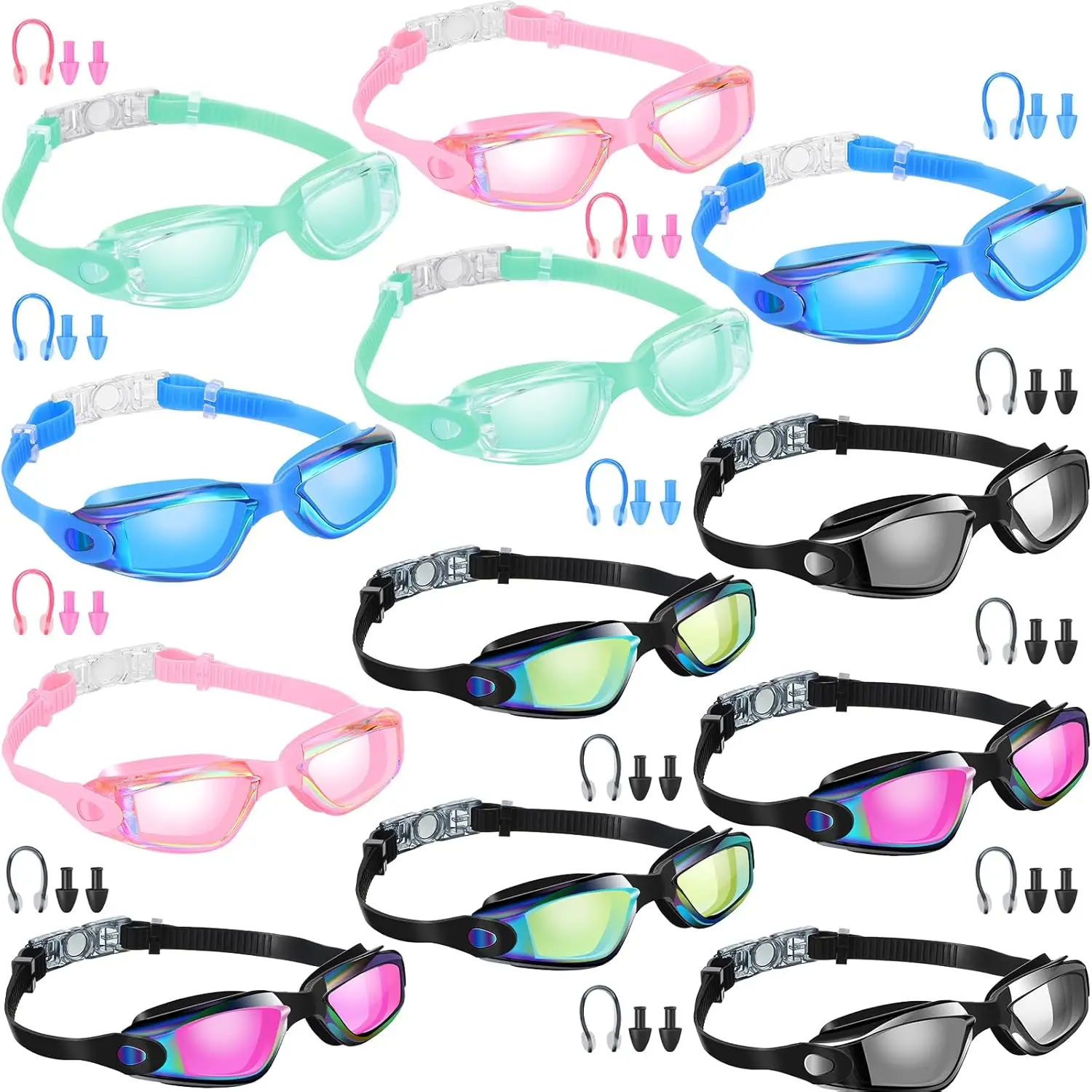 

Набор из 12 противотуманных очков для плавания с берушами и зажимом для носа для взрослых, герметичные, обеспечивающие полную защиту