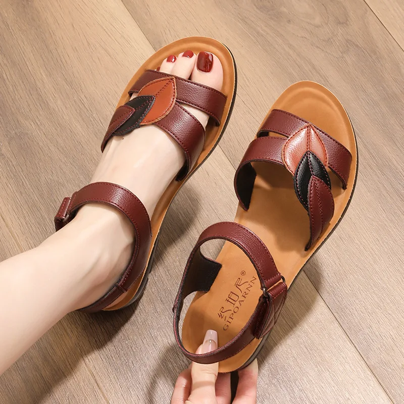 female summer shoes women\'s leather non slip soft sole comfortable flat sandals mother walking shoes women beach shoes Plus Size