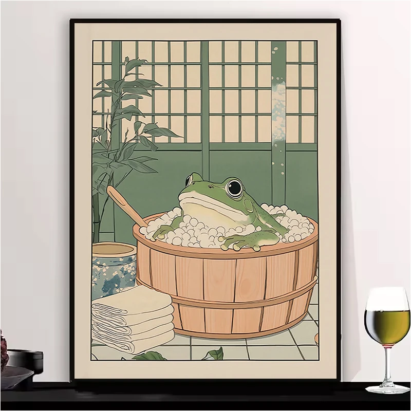 

Japanese Frog in A Bathtub Print Poster Vintage Cute Fun Animal Canvas Painting Bathroom Home Decor Poster