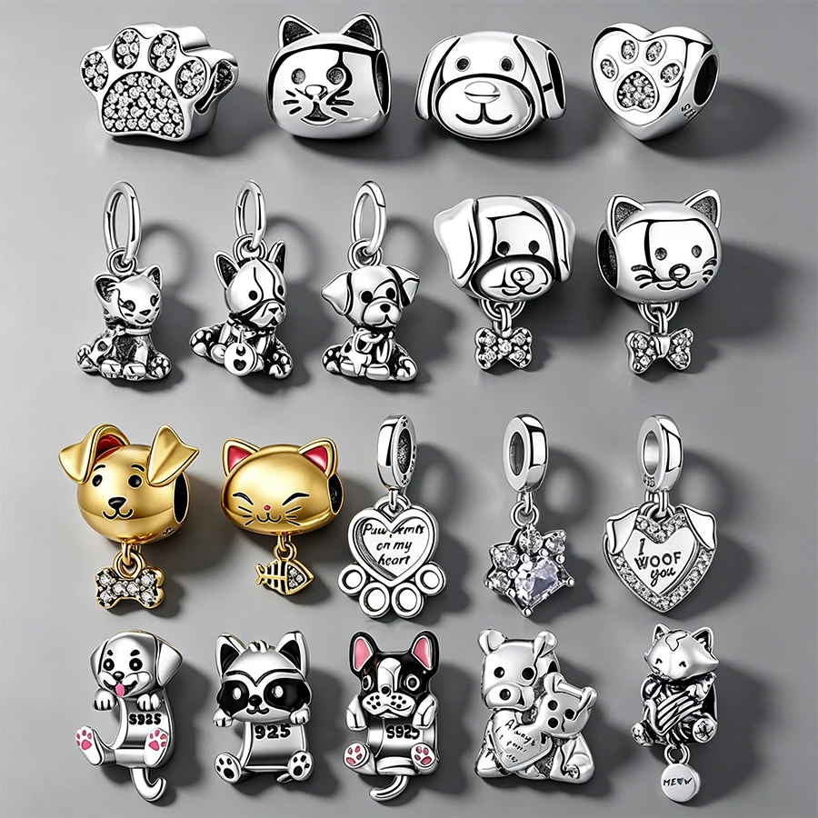 

Hot Sale 925 Silver Cat Dog Pet Charms for Bracelet DIY Jewelry Making Paw Print Animal CZ Pendant Bead for Women Pet Lover Gift